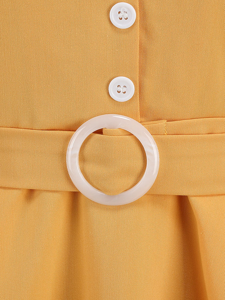 Dress Buttons Ring Detail Short Sleeves Retro Midi Dress