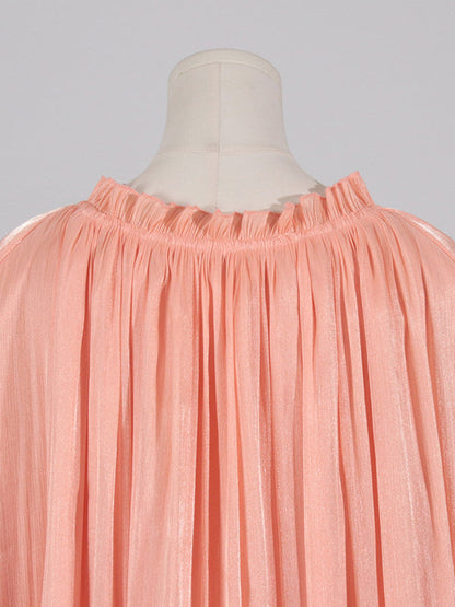 High-Low Loose Floral Pleated Split-Joint Stand Collar Mini Dresses