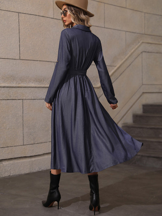 Shirt Dresses Turndown Collar Long Sleeves Buttons Belted Midi Dress