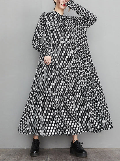Casual Long Sleeves Loose Buttoned Contrast Color Printed Split-Joint Stand Collar Midi Dresses