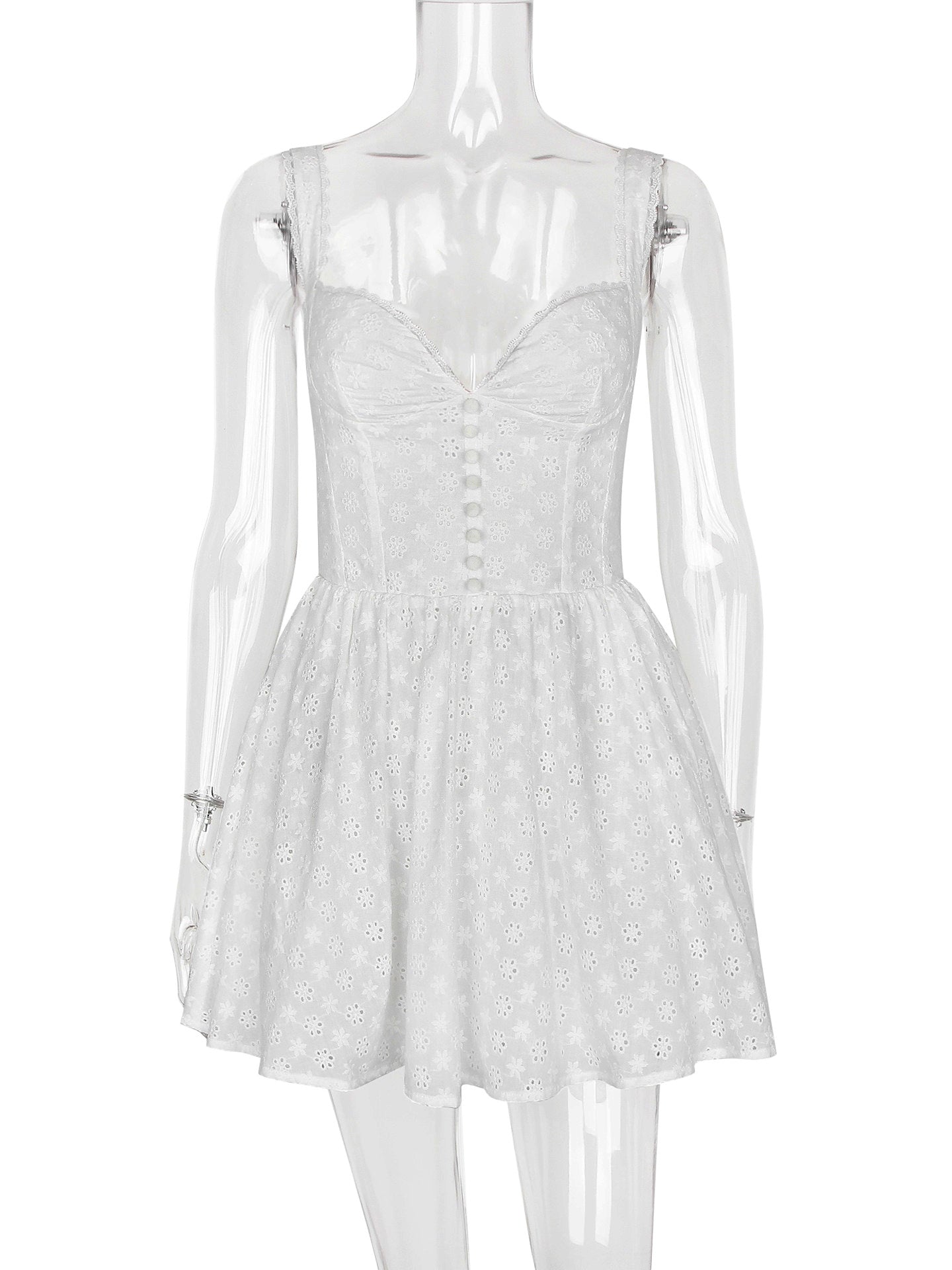 Little White Dress Wide Strap Eyelet Trim Graduation Party Skater Mini Dresses