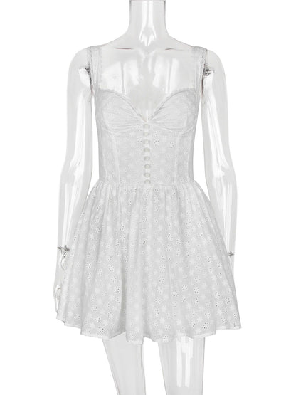 Little White Dress Wide Strap Eyelet Trim Graduation Party Skater Mini Dresses
