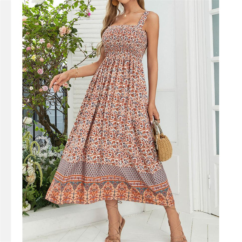Beach Flower Print Maxi Dress in Apricot Green Navy