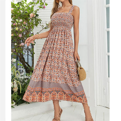 Beach Flower Print Maxi Dress in Apricot Green Navy