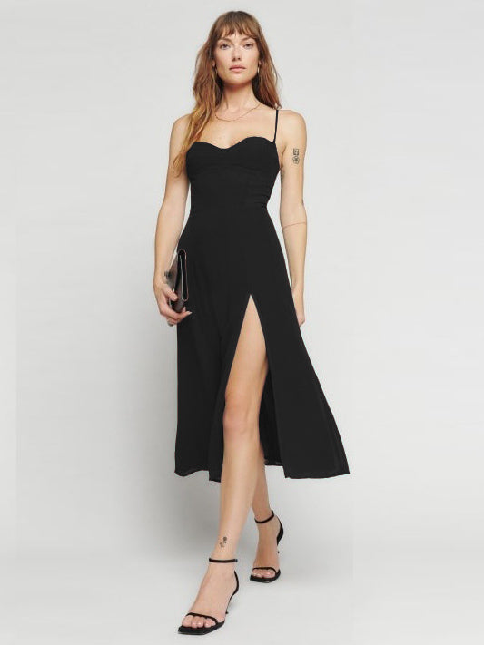 Summer Midi Dress Green Straps Neck Split Front Beach Dress