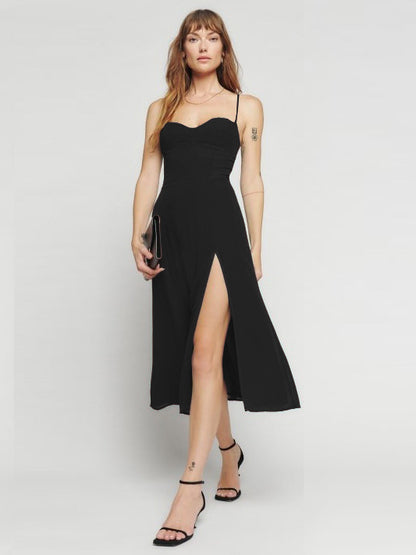 Summer Midi Dress Green Straps Neck Split Front Beach Dress
