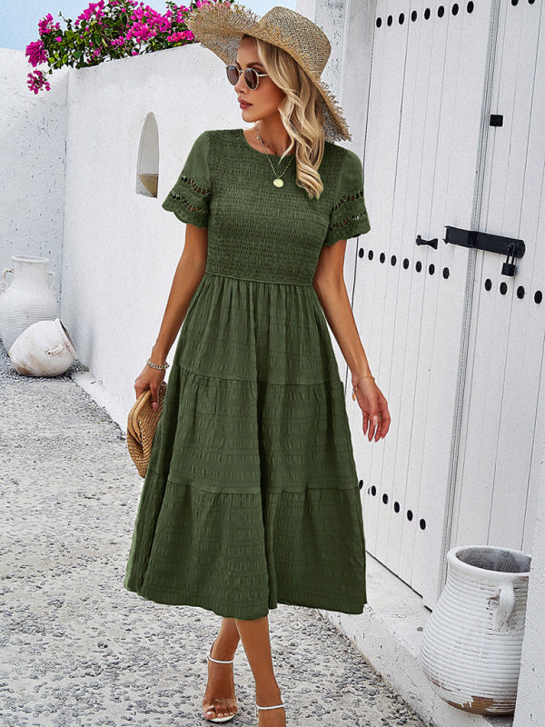 Blue Zone Planet | Solid Color Short Sleeve Cutout Midi Dress