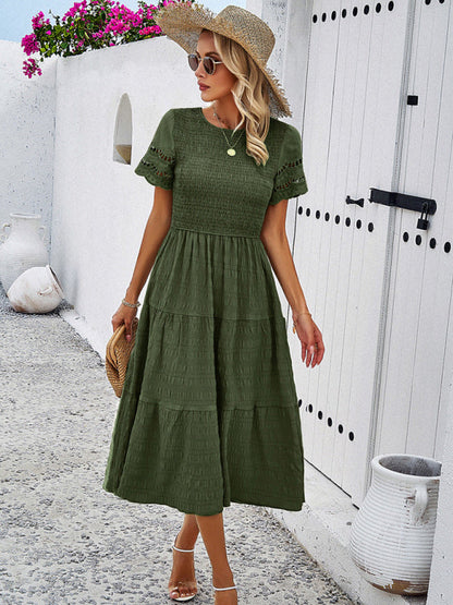 Blue Zone Planet | Solid Color Short Sleeve Cutout Midi Dress