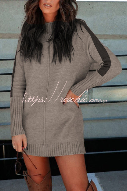 Dbfbdtu Knitted Turtleneck Slit Long Sleeved Mini Dress