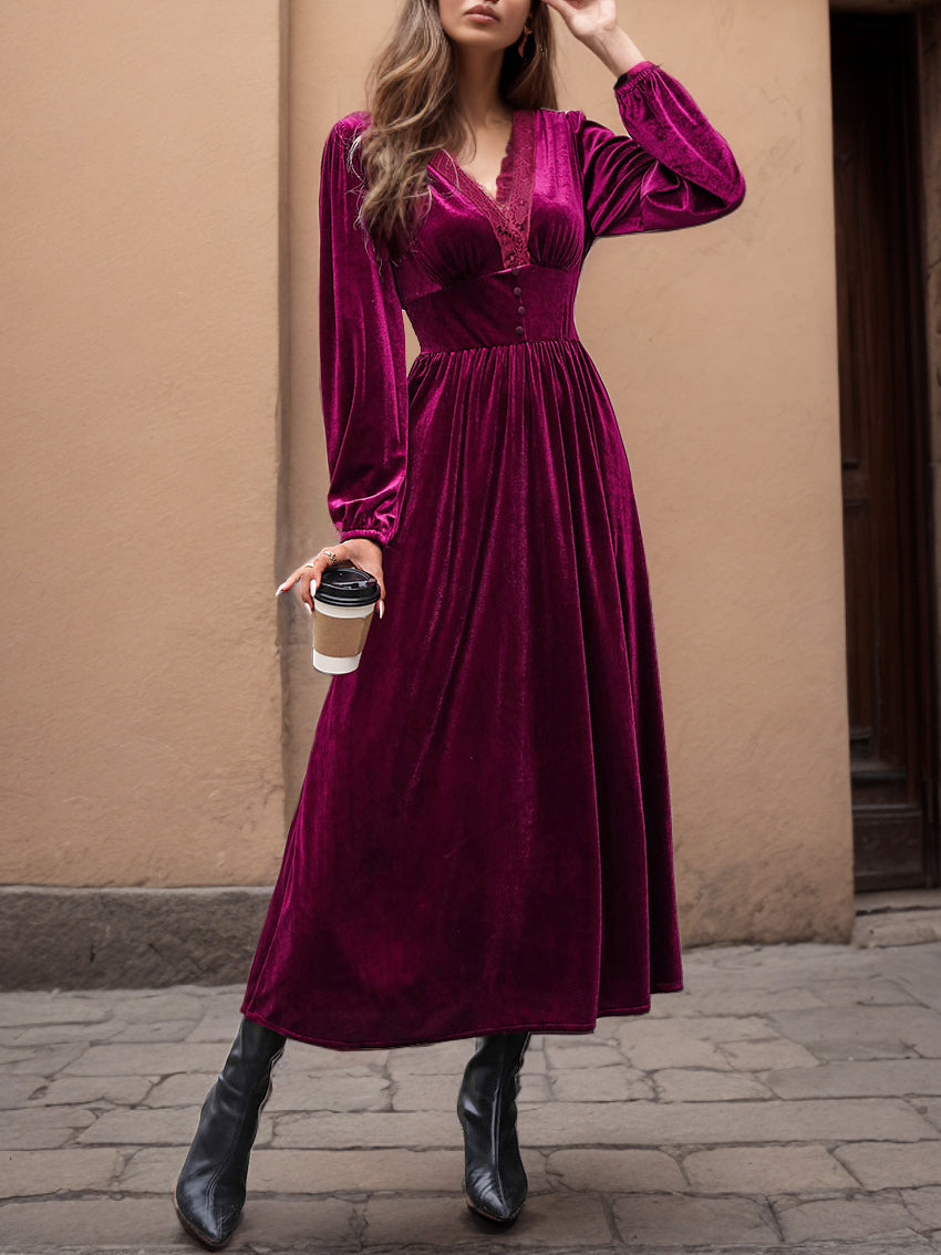 Velvet Dress Scoopped V Neck Long Sleeves Maxi Dresses In Burgundy