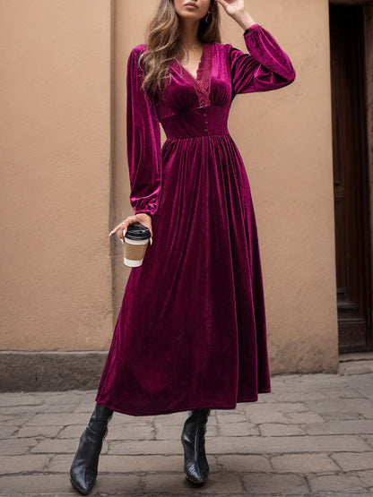 Velvet Dress Scoopped V Neck Long Sleeves Maxi Dresses In Burgundy