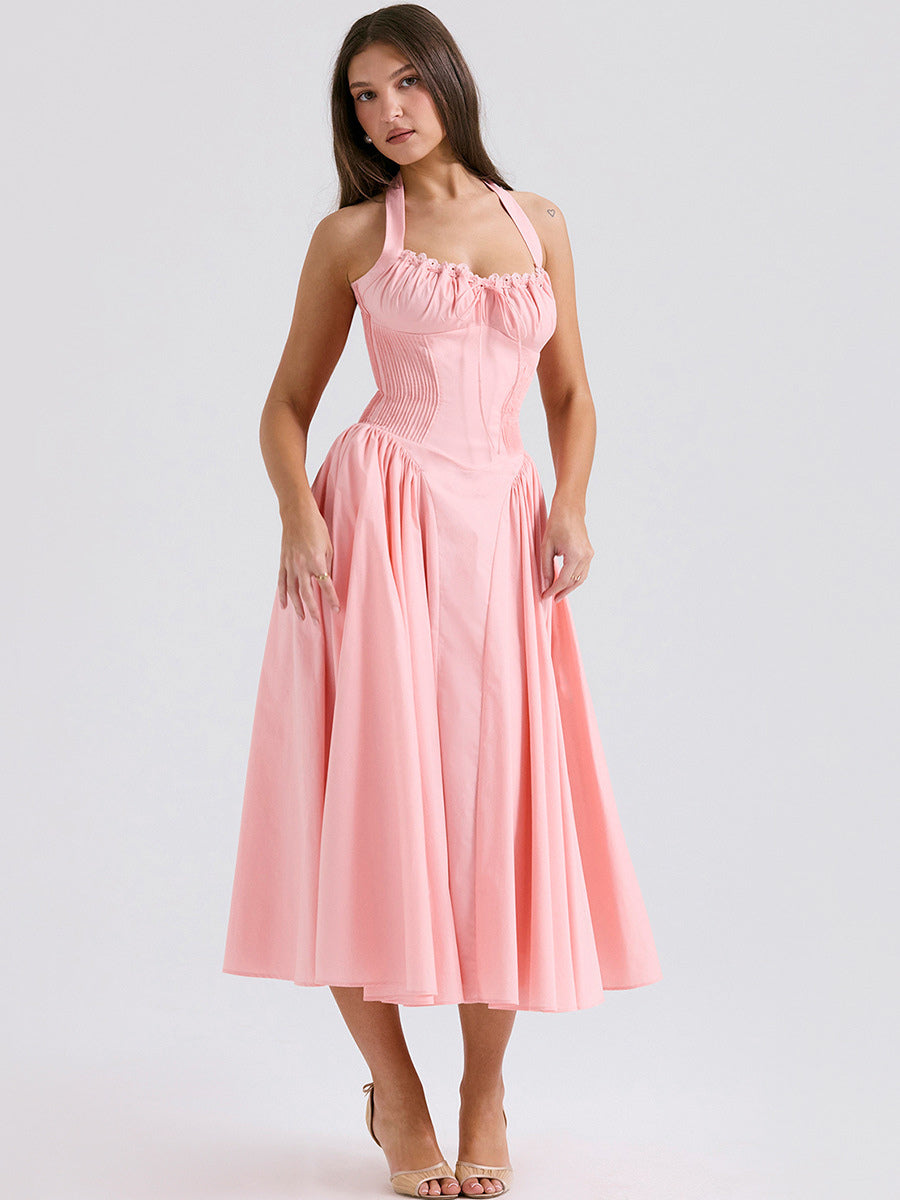 Corset Dress Halter Eyelet trim Lace Up Front Pleated Party Midi Dresses