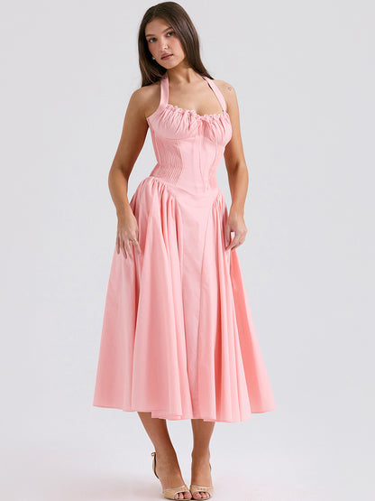 Corset Dress Halter Eyelet trim Lace Up Front Pleated Party Midi Dresses