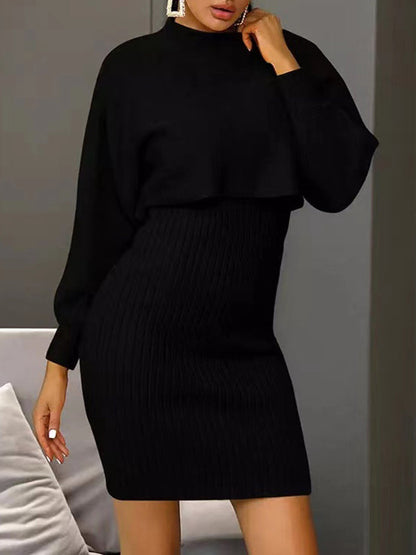 Long Sleeves Solid Color Round-Neck Sweater Top + Inner Dress Two Pieces Set