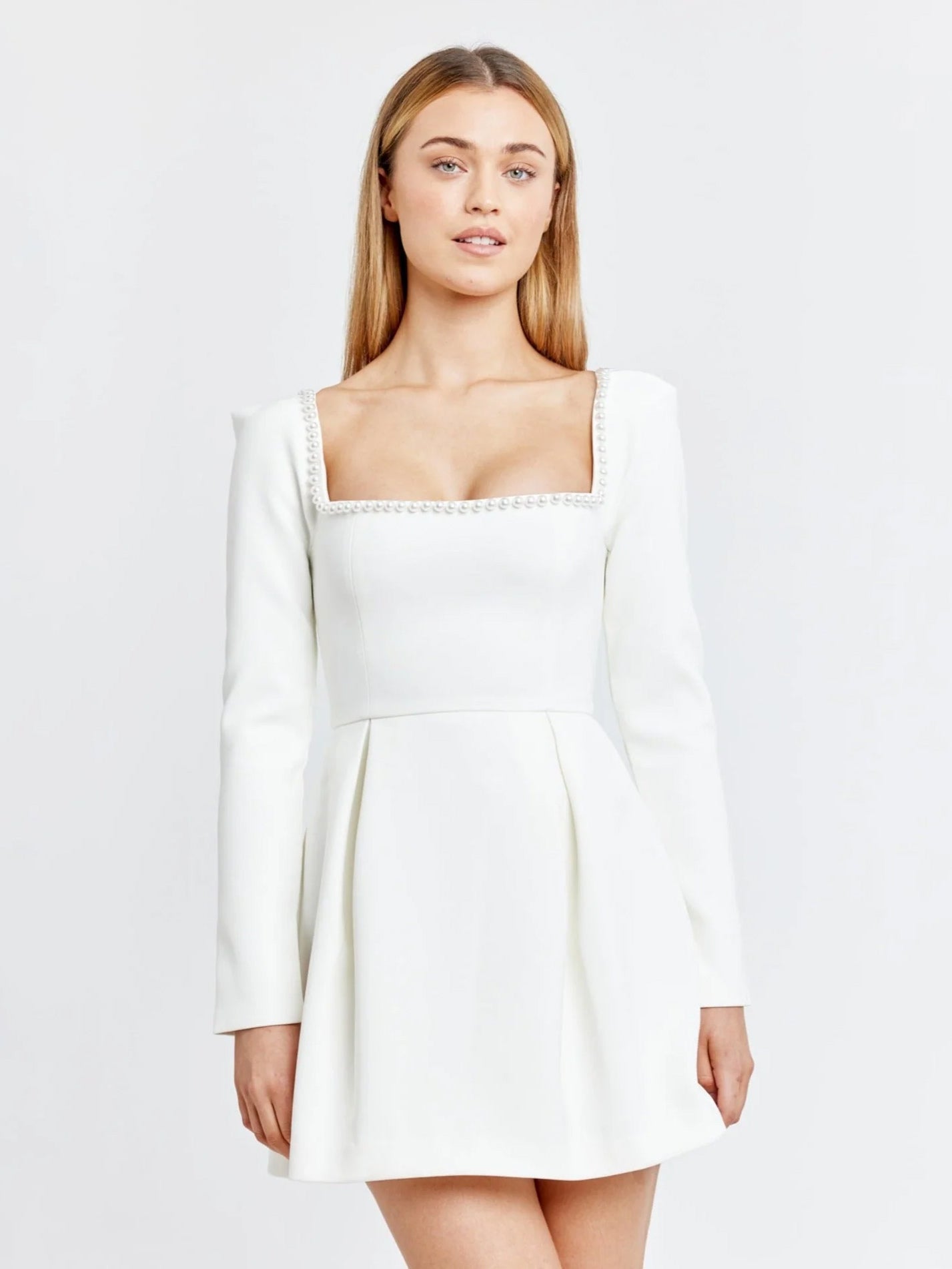 Black Mini Dress Sqaure Neck Long Sleeves Contrast Trim Graduation Dresses