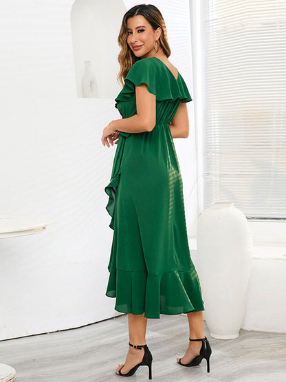 Summer Dress Midi Dress Blue V-Neck Ruffles Beach Dress