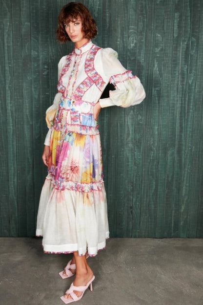Floral Lantern Sleeve Stand Collar Frill Midi Dress With Belt