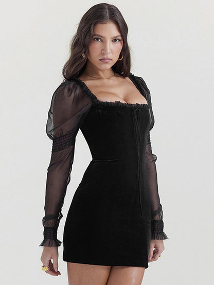 Sexy Black Dress Square Neck Ruffles Lace Up Backless Mini Dresses