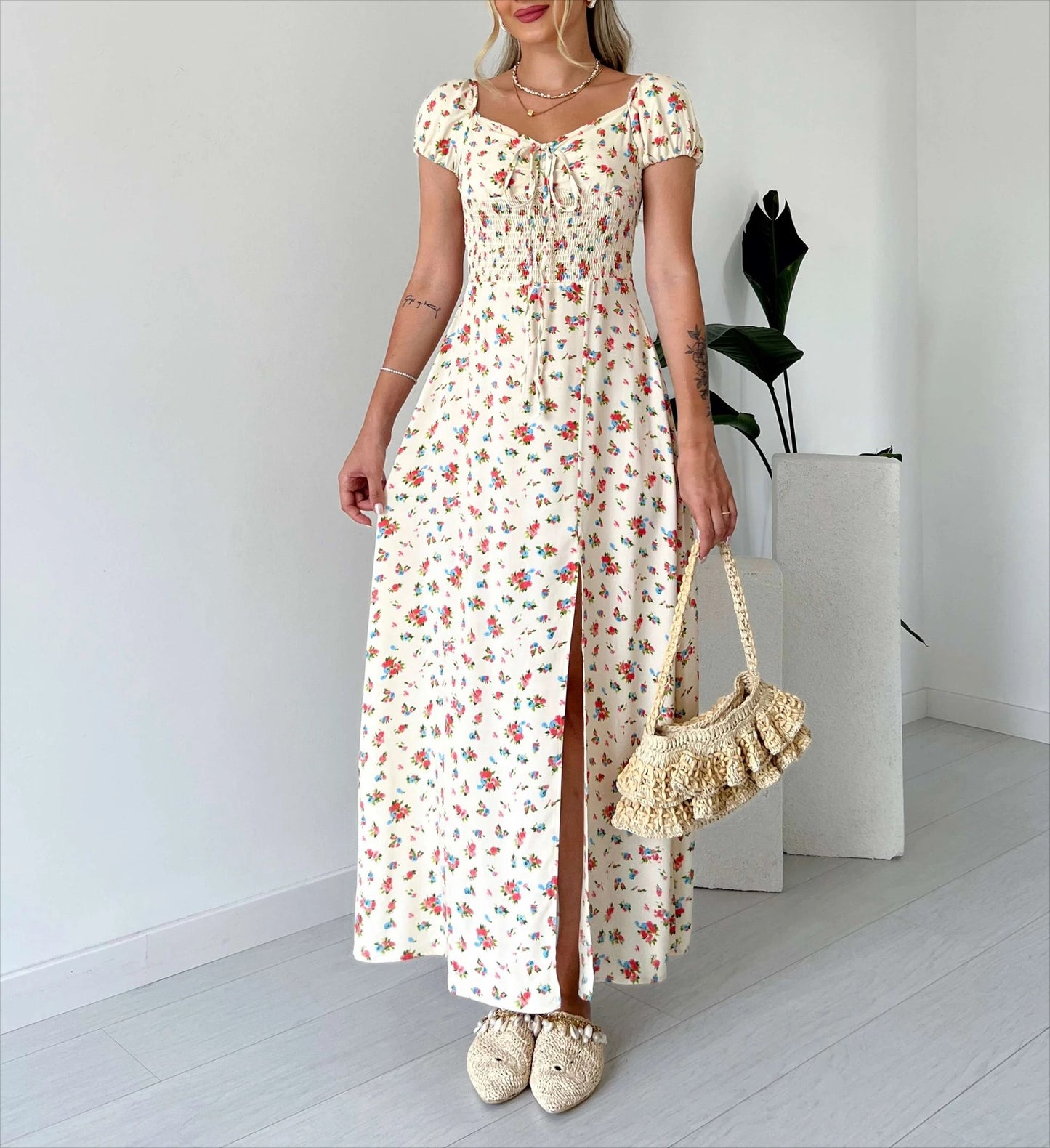 Floral Print Smocked Midi Dress