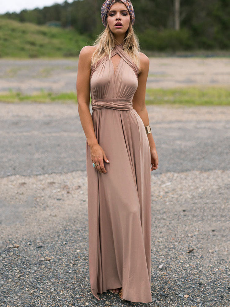 Birthday Sexy Maxi Dress Sleeveless Plunging Neck Backless Solid Color Evening Dress