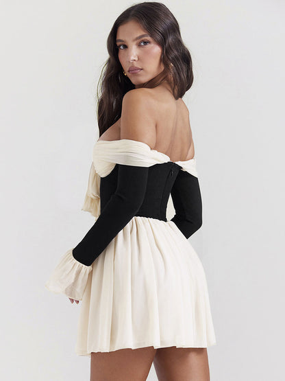Ruffles Trim Flared Dress Off Shoulder Backless Two-Tone Mini Dresses
