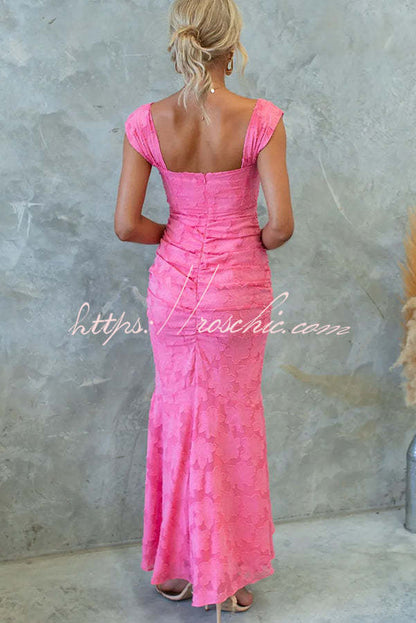 Unreal Beauty Floral Textured Material Ruched Fishtail Maxi Dress