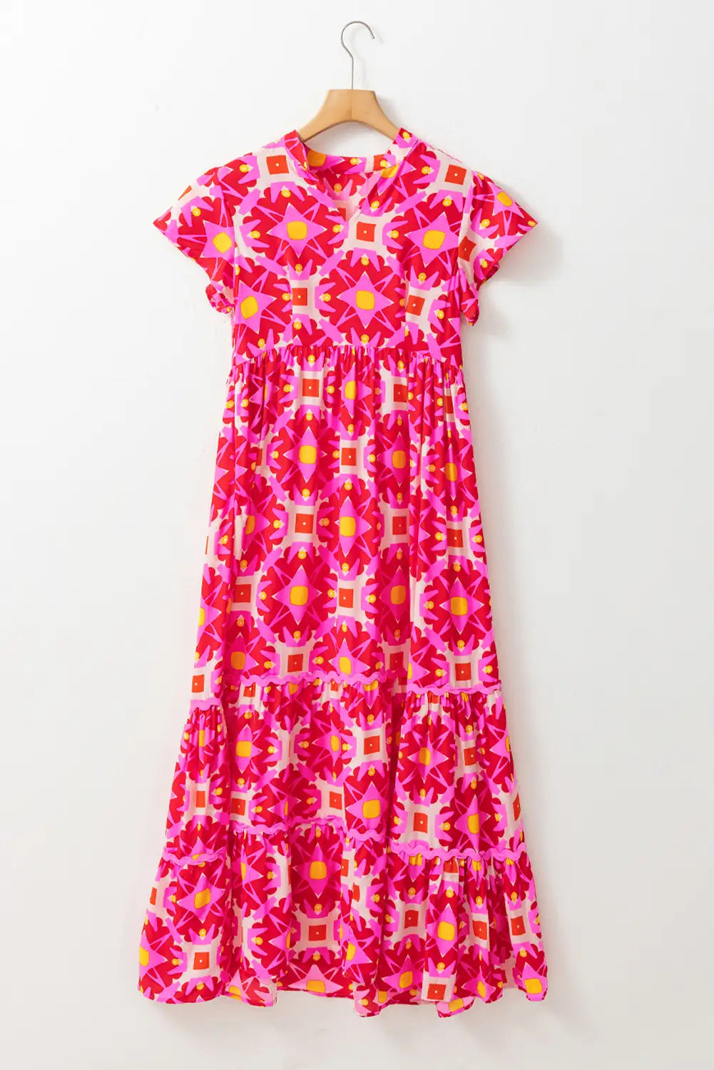 vibrant strawberry pink geo print maxi dress