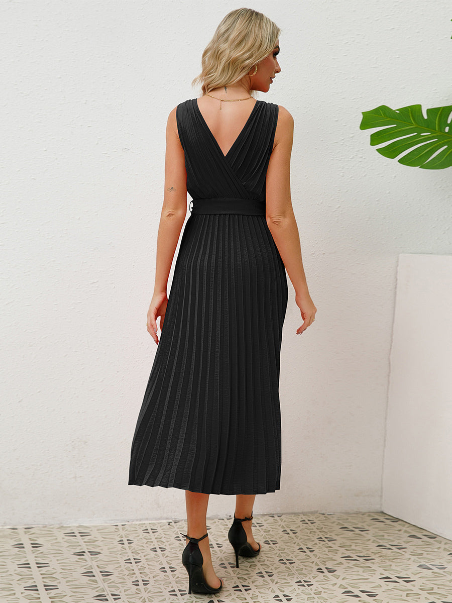 Sleeveless Party Dress V-Neck Accordion Belted Pleated Skirt Midi Dresses