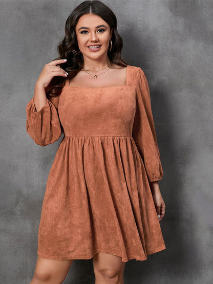 Plus Size Mini Dress Square Neck Backless Day Dresses In Dark Brown