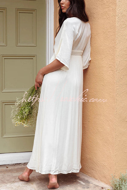 Solid V-neck High Waisted Single Breasted Ultra Maxi Dress
