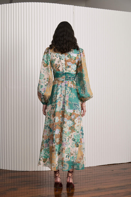 Printed Long Sleeve V-Neck Midi Dress