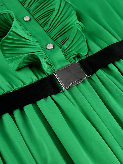 A-line Ruffle Sleeves Belted Buttoned Pleated Ruffled Solid Color Tied Waist Maxi Dresses