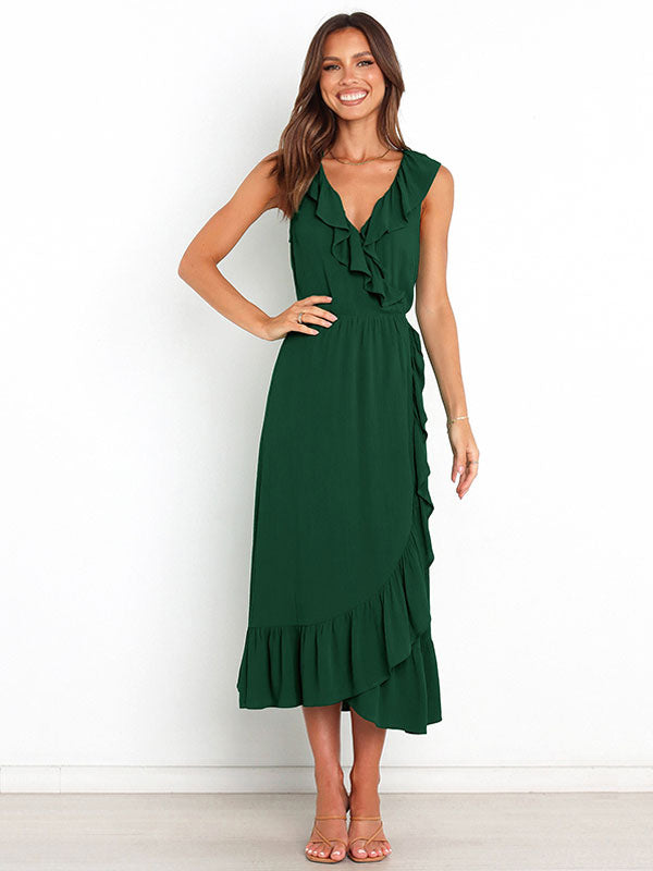 Ruffles Chic V-Neck Sleeveless Midi Dress