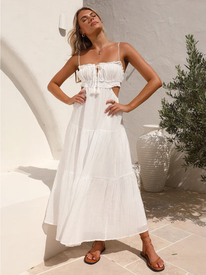 White Dress Tiered Spaghetti Strap Cutout Lace Up Summer Casual Midi Dresses
