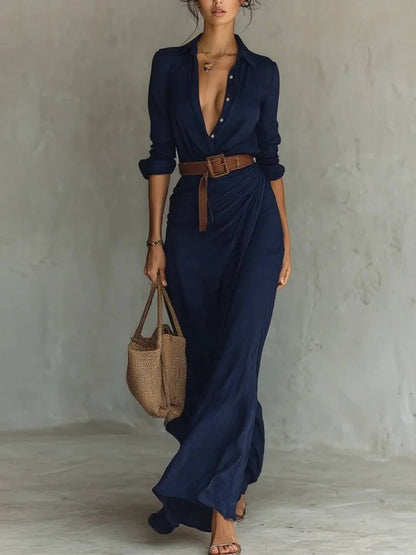 Collared Button Front Long Sleeve Belted Draped Wrap Maxi Dress