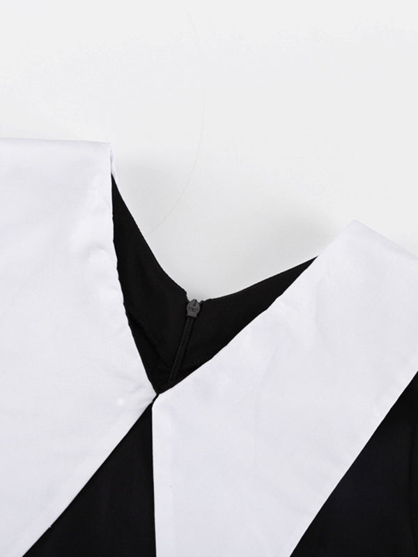 Long Sleeves Loose Contrast Color Pleated Tiered Peter Pan Collar Mini Dresses