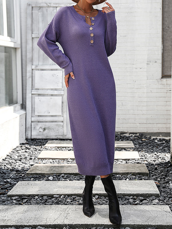Long Sleeves Loose Buttoned Split-Joint Round-Neck Midi Dresses Sweater Dresses
