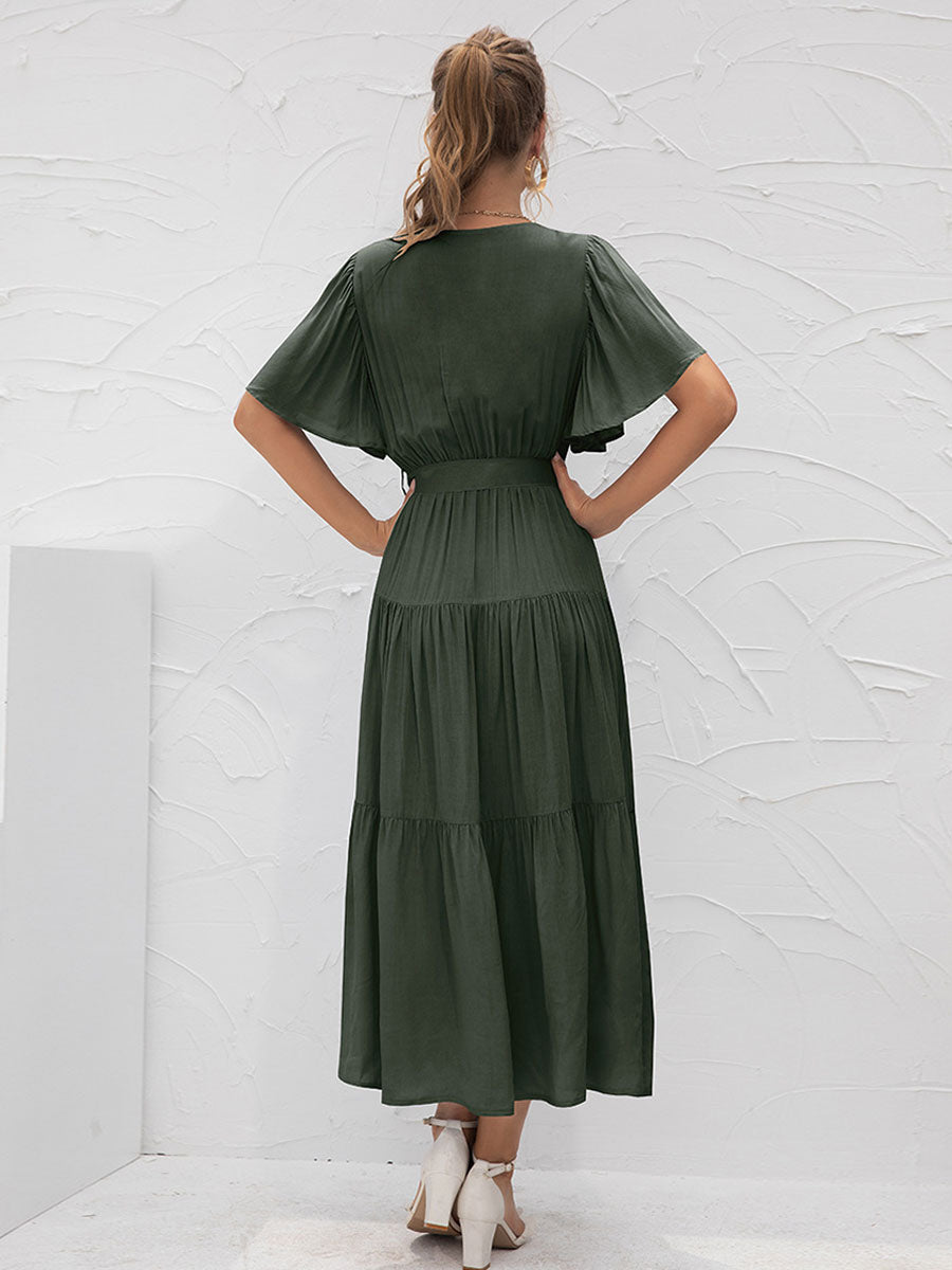 V-Neck Maxi Dress Short Sleeves Casual Layered Floor Length Dress