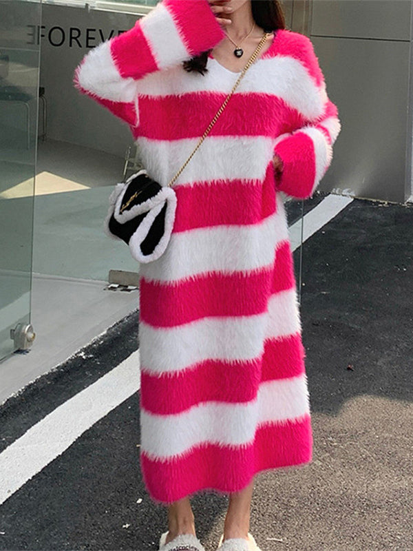 Long Sleeves Loose Striped V-Neck Knit Dresses Midi Dresses