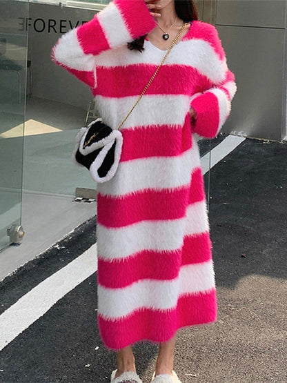 Long Sleeves Loose Striped V-Neck Knit Dresses Midi Dresses