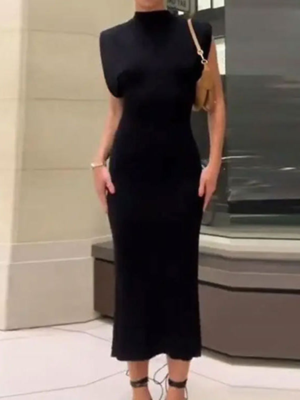 Plus Size Skinny Solid Color Zipper Mock Neck Midi Dresses