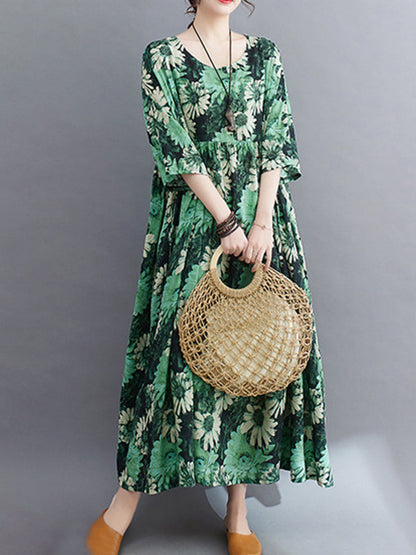 Loose Raglan Sleeve Floral Printed Pleated Split-Joint Round-Neck Midi Dresses