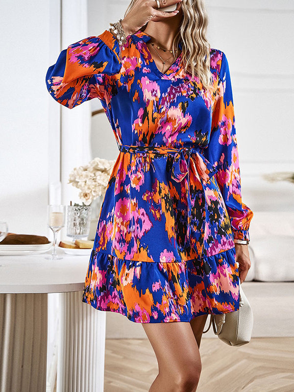 Long Sleeves Loose Printed Split-Joint Tied Waist V-Neck Mini Dresses