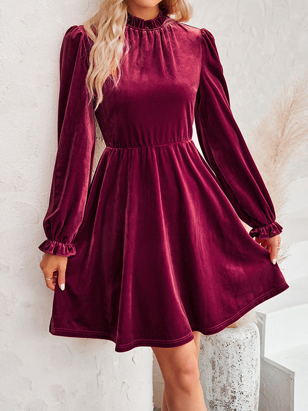 A-Line High Waisted Hollow Ruffled Solid Color Velvet Mock Neck Mini Dresses
