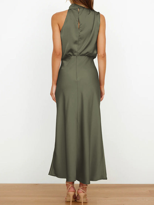 Sleeveless Solid Color Halter-Neck Midi Dresses