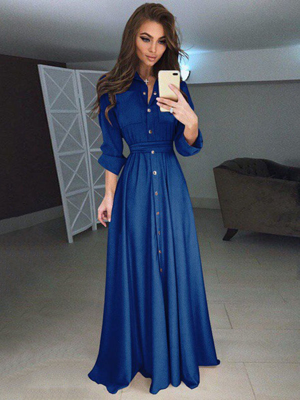 Women Maxi Dresses High Rise Stand Collar Buttons Long Sleeves Floor Length Shirt Dress