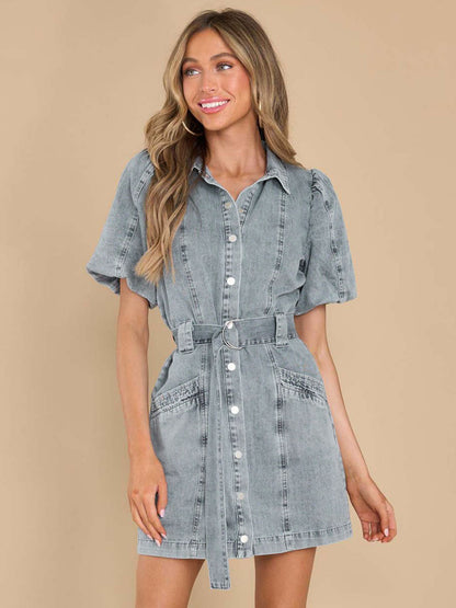 Summer Mini Dresses Light Sky Blue Turndown Collar Sash Denim Beach Dress