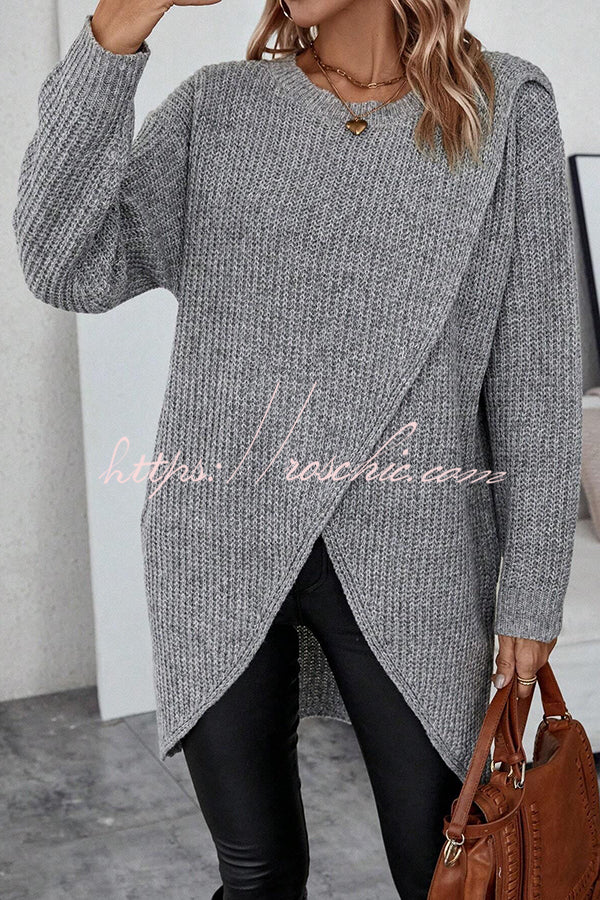 Essence Solid Wrap Hem Knitted Long Sleeve Midi Sweater