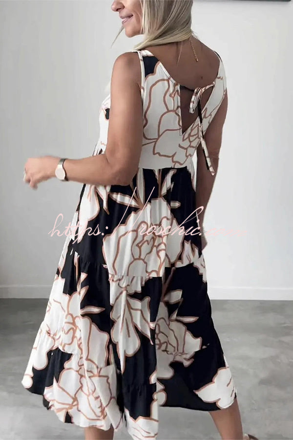 Floral Print Contrast Sleeveless Lace-up Midi Dress