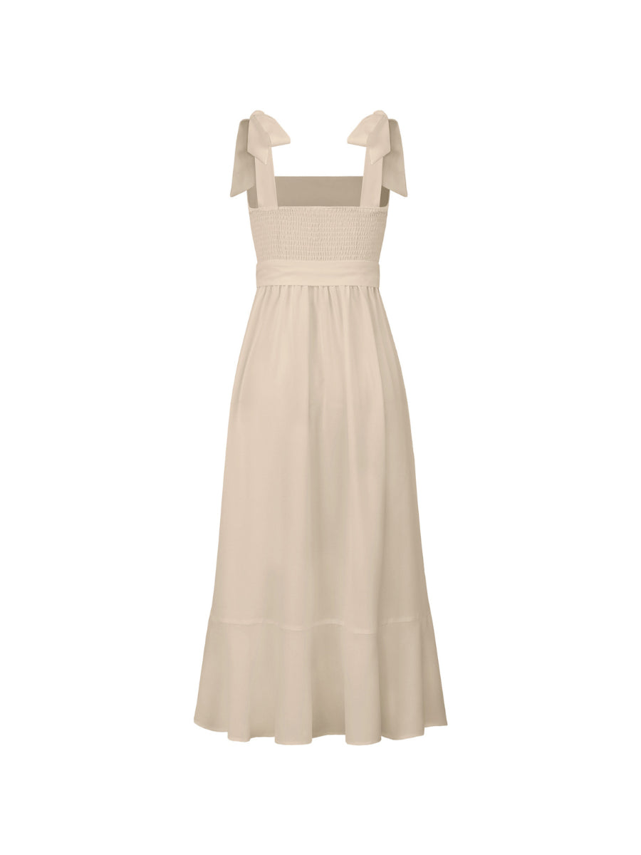 AVIANCA SHOULDER TIE BRIDAL MIDI DRESS - BEIGE